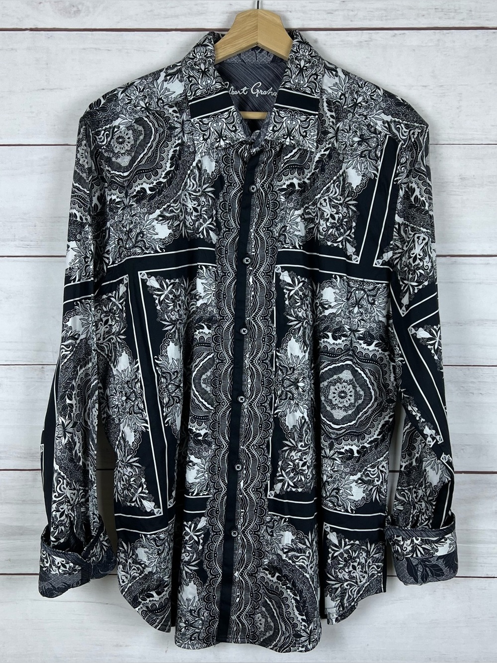 $378 ROBERT GRAHAM RABAT BLACK SILVER THREAD EMDROIDERED COTTON SHIRT XL Mens